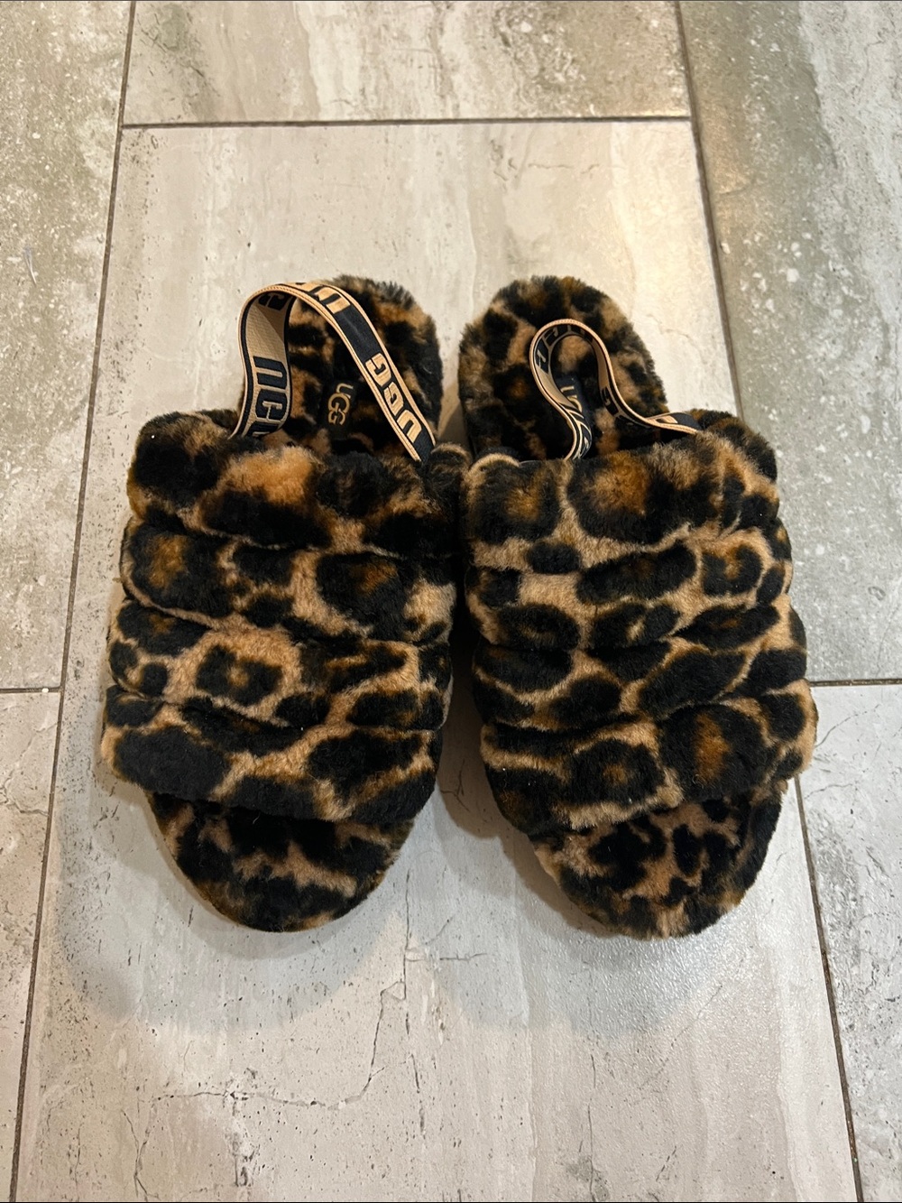 UGG Leopard Print Faux Fur Slingback Slides - Brown/Black
